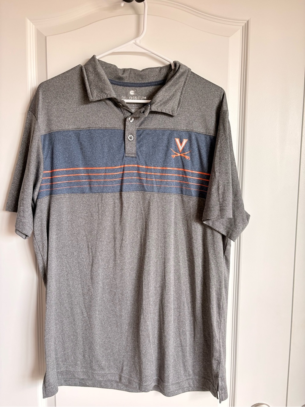 UVA Colosseum Gray Polo with Navy Chest Panel and Orange Stripe Accents